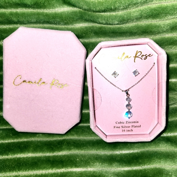 Camila Rose Jewelry - NEW! Camila Rose Cubic Zirconia Fine Silver Plated 16" Necklace and Earring Set.